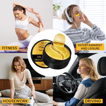 60 almohadillas para los ojos de oro de 24 quilates, hidratantes, antiarrugas, círculos oscuros y hinchazón, para uso diario